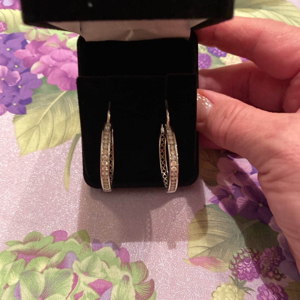 14k white gold and diamond hoops